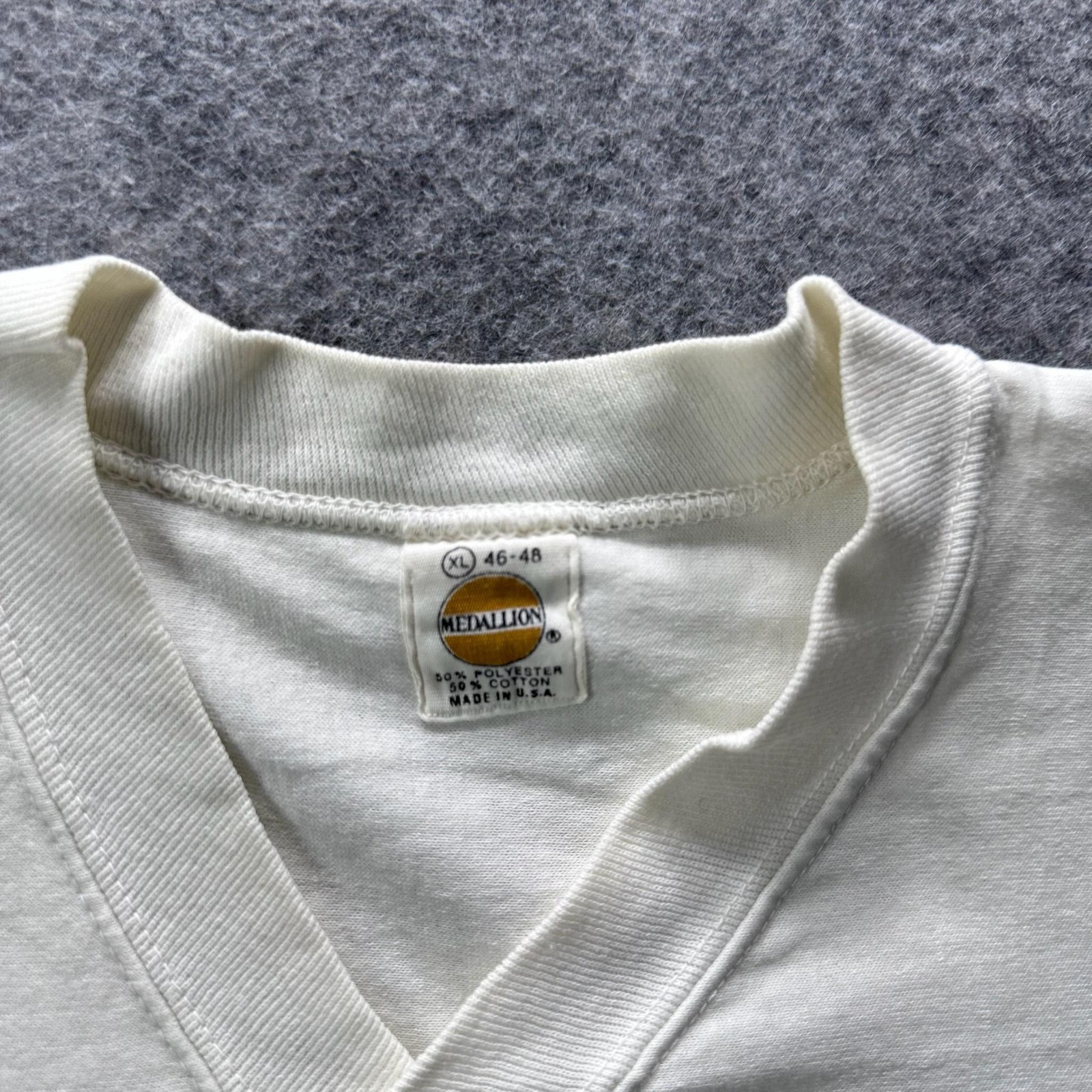 Vintage Medallion Shirt Mens XL White USA V-Neck 50/50 PolyCotton Graphic 90s gallery