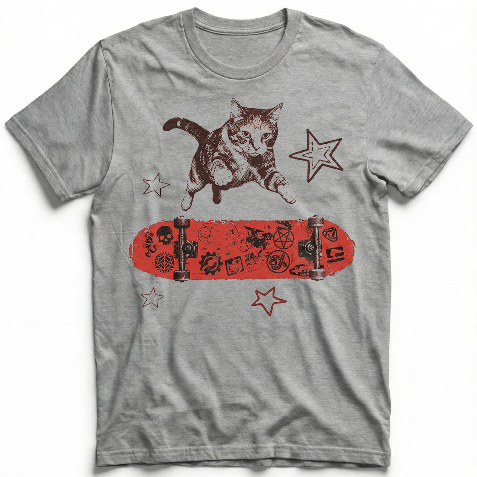 Red Skater Cat Symbols Skateboard T-Shirt Retro Punk Skull Streetwear Kitty Tee gallery