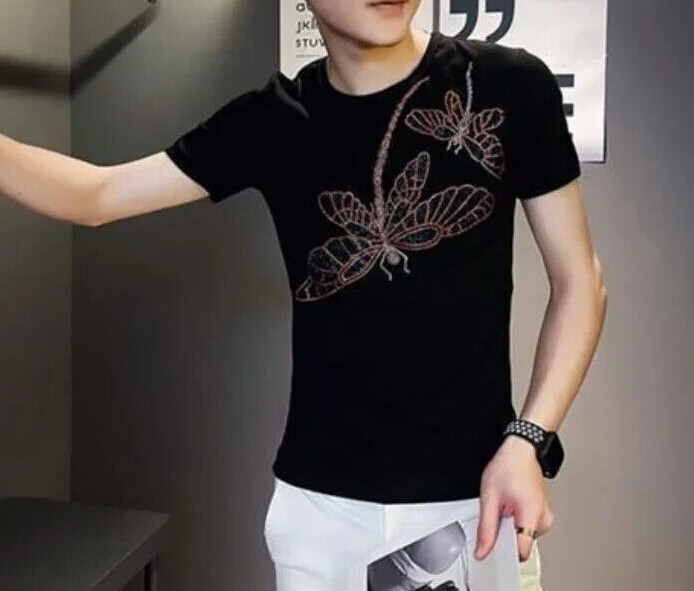 New Men Luxury Rhinestones Dragonfly Fashion Black White T-Shirt High Quality gallery