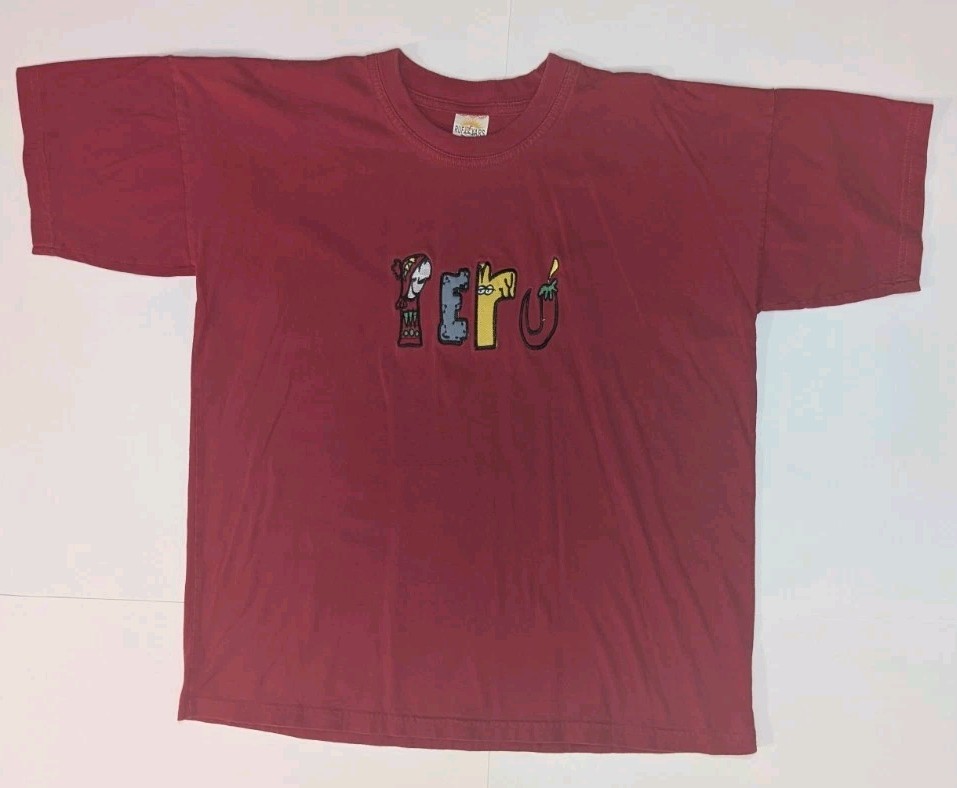 Vintage 90s RUFYAR'S Peru Embroidered Parrot Llama Pepper Spellout Red Size Med gallery