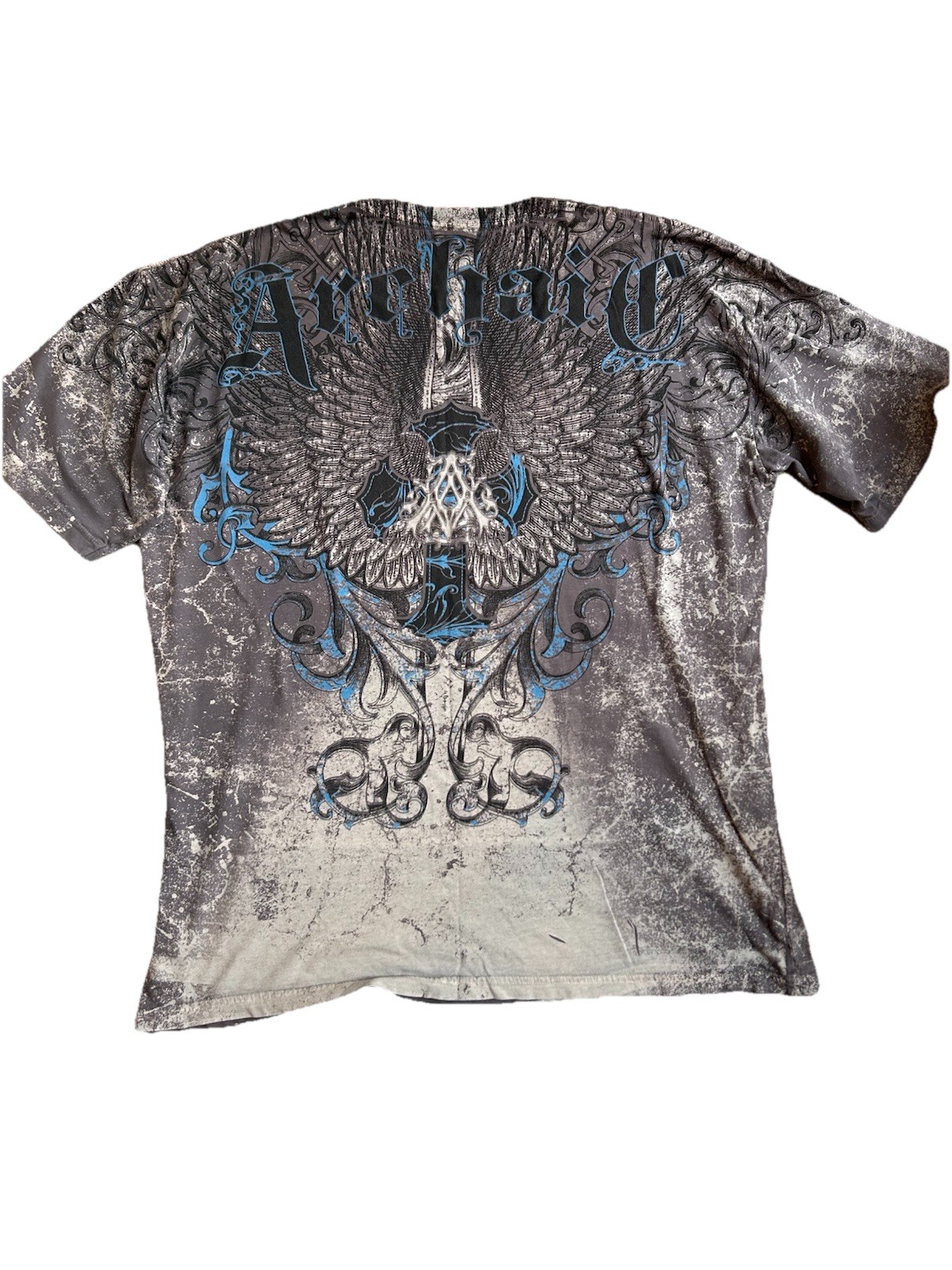 Archaic All Over Print Graphic Tee Y2K Affliction Style Eagle Cross Shirt XXL gallery
