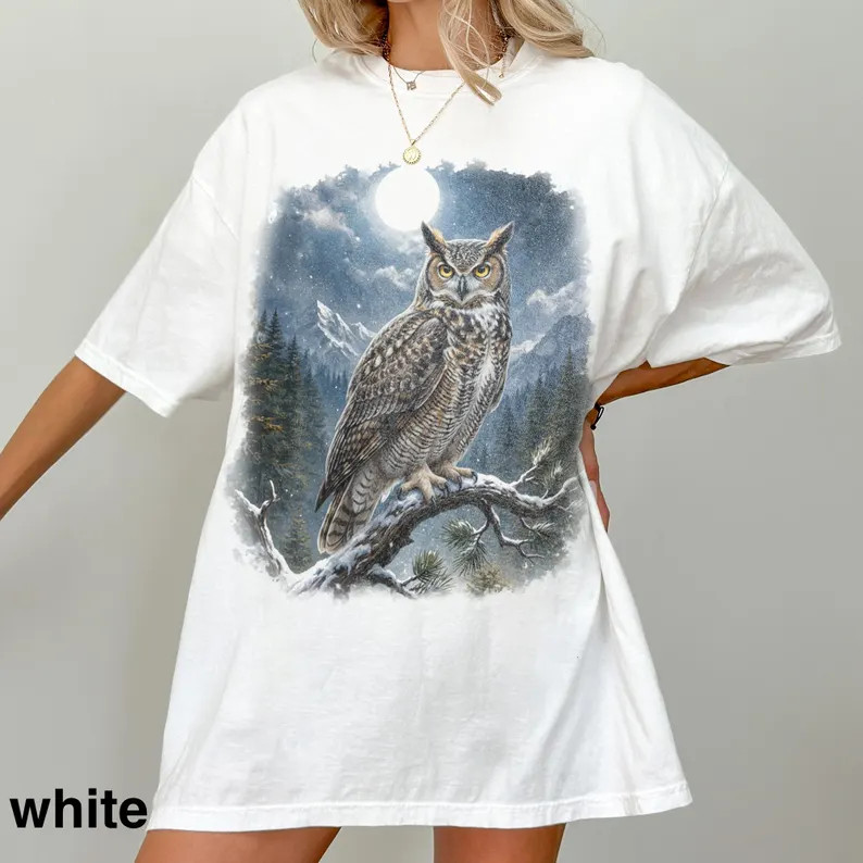Great Horned Owl Moon Mountain Wildlife Nature Bird Comfort Tee gallery