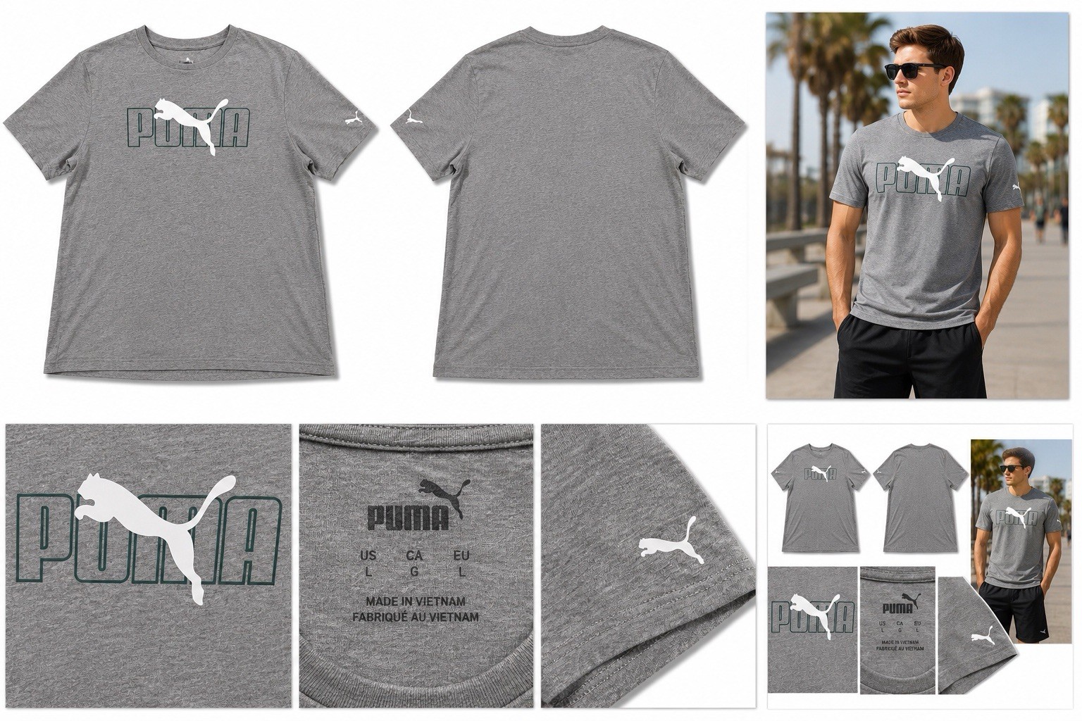 PUMA Mens Gray Graphic Logo T Shirt Size L Large Short Sleeve Athletic Tee