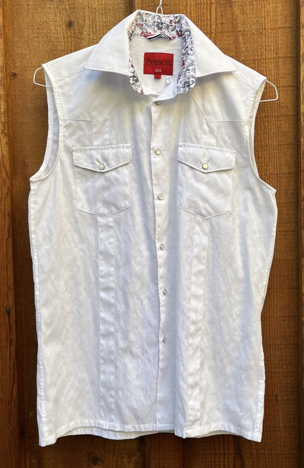 Patroncito Shirt Small White Sleeveless Textured Brocade Fabric Snap Button Dow gallery