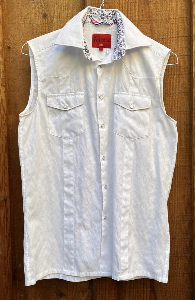 Patroncito Shirt Small White Sleeveless Textured Brocade Fabric Snap Button Dow