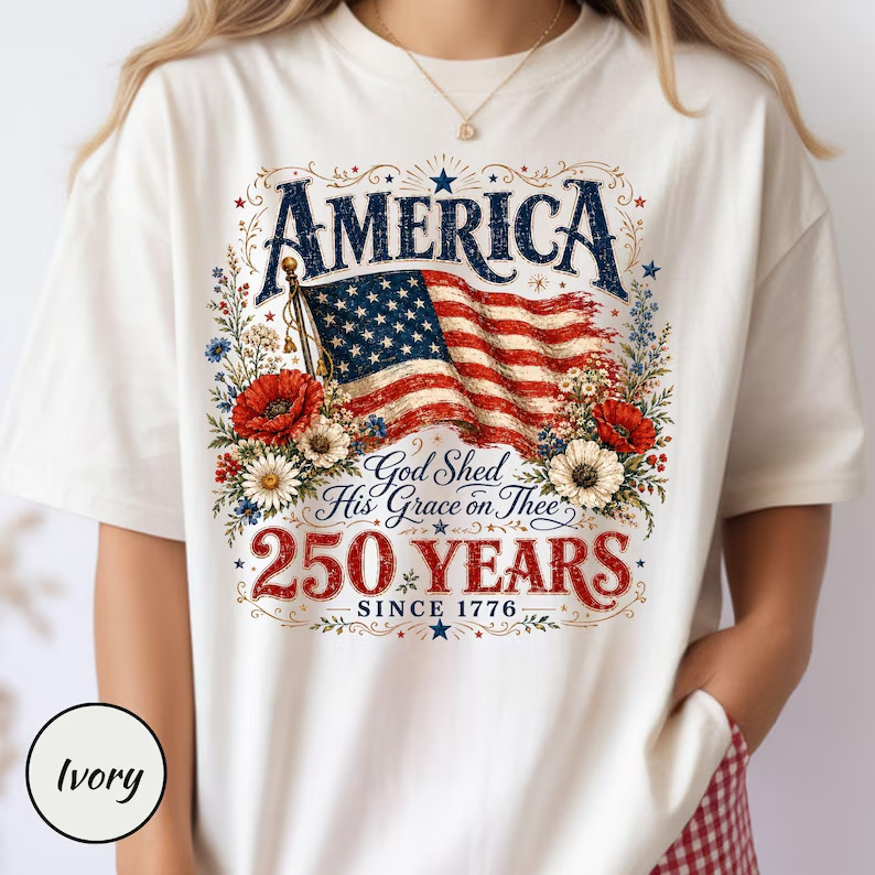 250 Years Flag & Poppies Shirt, Patriotic Floral ,God Shed His Grace on Thee Tee gallery