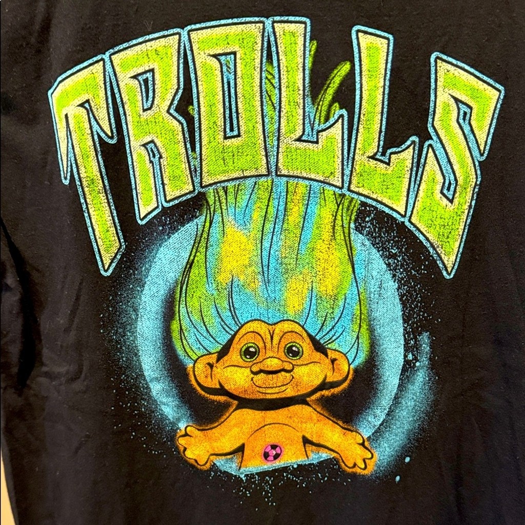 Dream Works Good Luck Trolls Graphic Black T-Shirt w/ Green Blue Graphics Large gallery