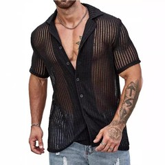 Men’s Beach Hollow Knit Button Down Shirt Breathable Summer Casual Top S-3XL