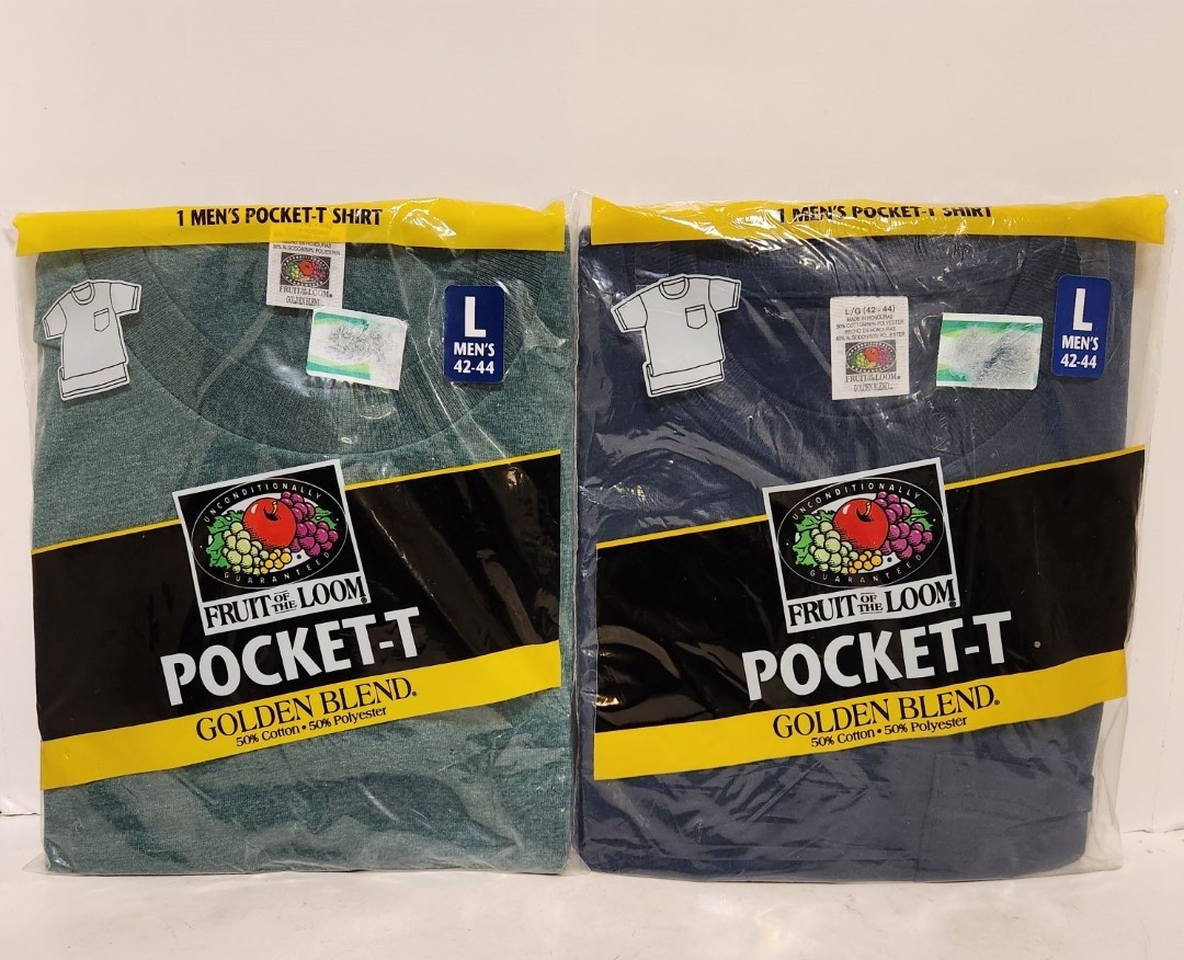 Vtg 1998 Fruit Of The Loom Pocket T Shirt SZ Large Lot of 2, Green Navy Blue gallery