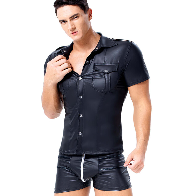 Mens Faux Leather PVC Short Sleeve T Shirt Top Nightclub Cool Men Shirts Uniform gallery
