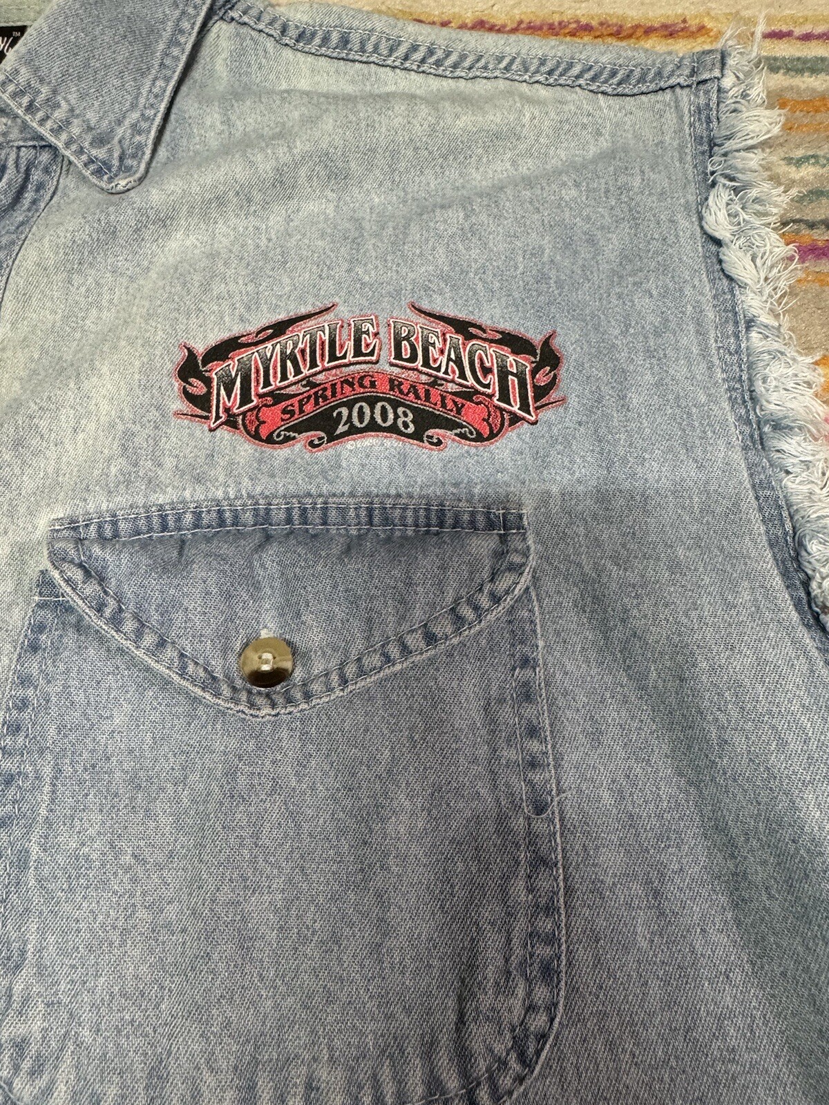 2008 Myrtle Beach Spring Rally Sleeveless Denim Shirt Frayed Arm Holes XL Stains gallery