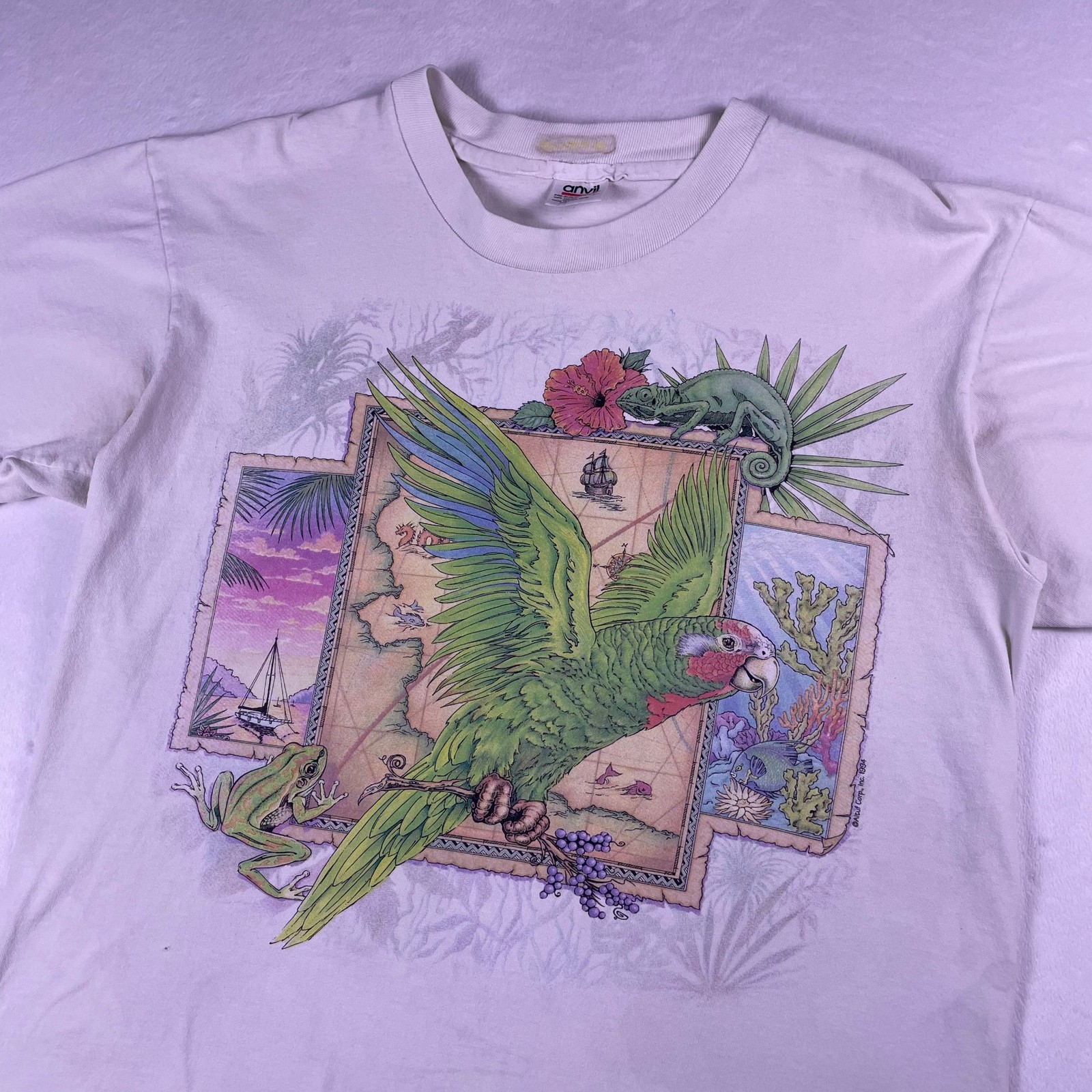 Vtg 90s Parrot Chameleon Tropical Nature Tee L Bird Lizard Frog Animals Ocean