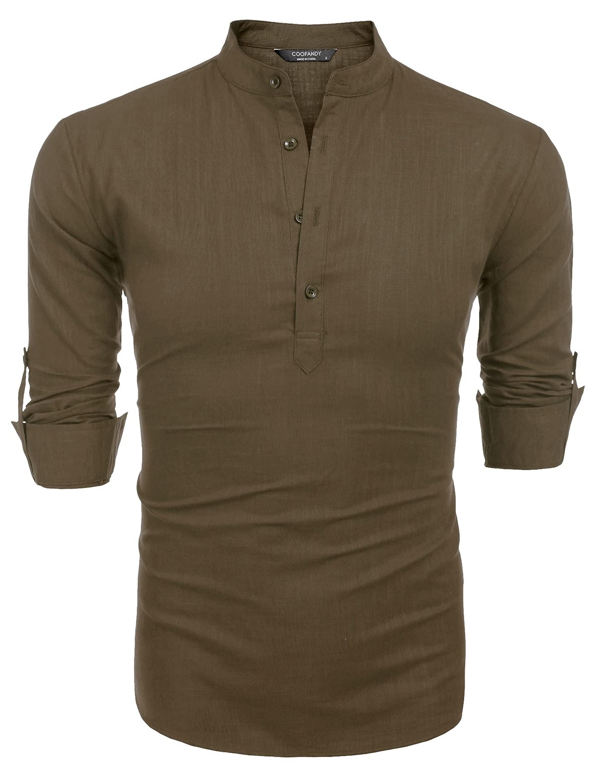 Men's Cotton Hemp Long Sleeve Casual Beach Henley Shirt(BROWN,XL) gallery