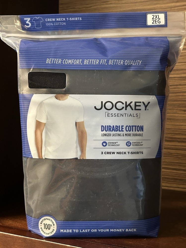 JOCKEY ESSENTIALS 3-Pack Men’s 2XL Crew Neck T-Shirts Durable Cotton – Black NEW