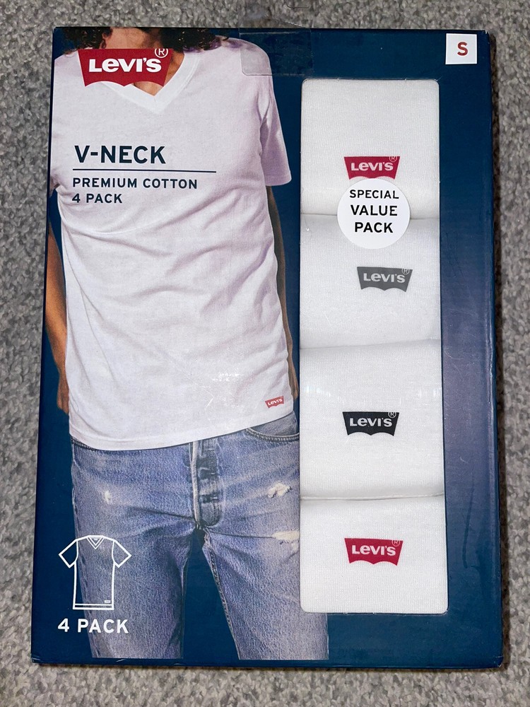 NEW Levi’s Men’s SMALL Premium Cotton White 4 Pack V-neck Tees T-shirts