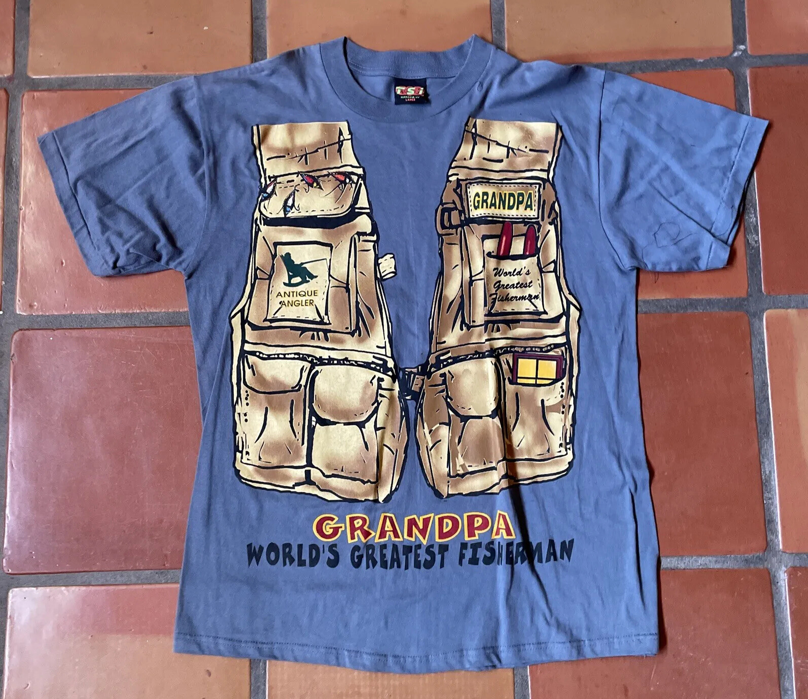 Vtg TSI Mens Large Blue Graphic Print T-Shirt Grandpa Worlds Greatest Fisherman