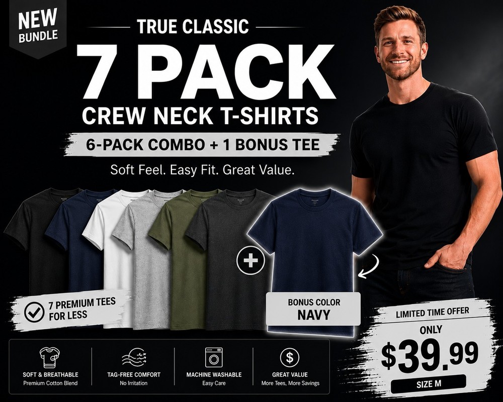 🔥 True Classic 7-Pack Crew Neck T-Shirts | Size M | + Bonus Navy Tee