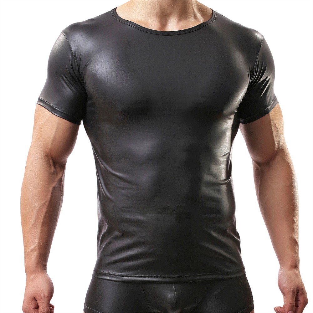 Glossy Pvc Leather Mens Short Sleeve Tops Fitness Club T-shirt New Tops Clothing gallery