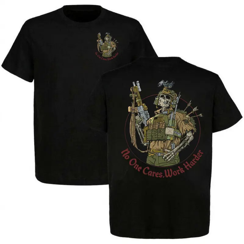 No One Cares Work Harder Tee, Tactical Skeleton Soldier Rifle Shirt, Black Skull gallery