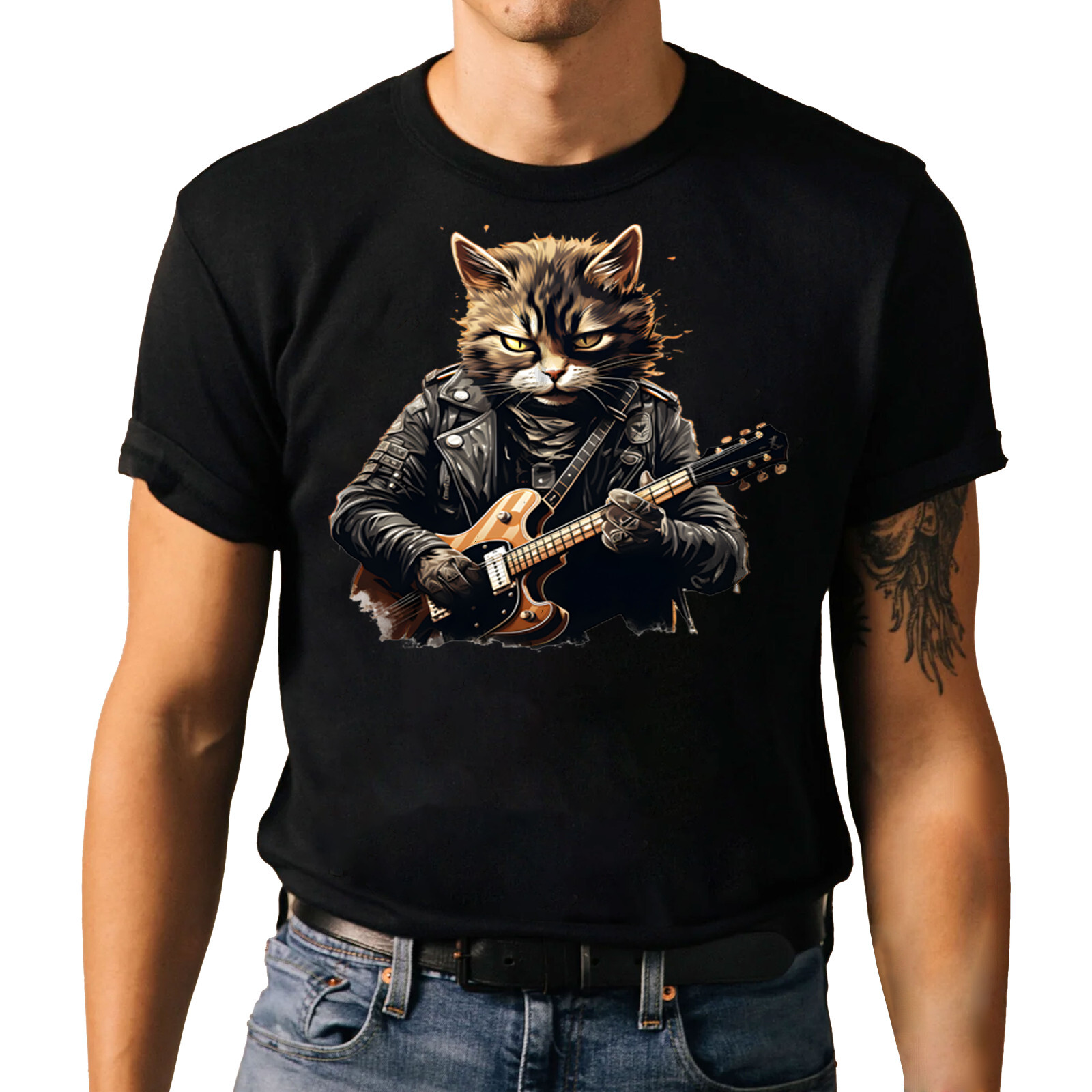Cat Playing Guitar Funny T-shirt – Animal Pet Rock Music Lovers Tee Shirt