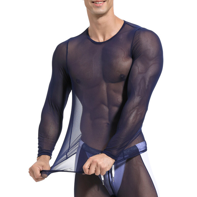 Mens Long Sleeve See Through Mesh T Shirt Sexy Muscle Clubwear Blouse Tops Tee gallery