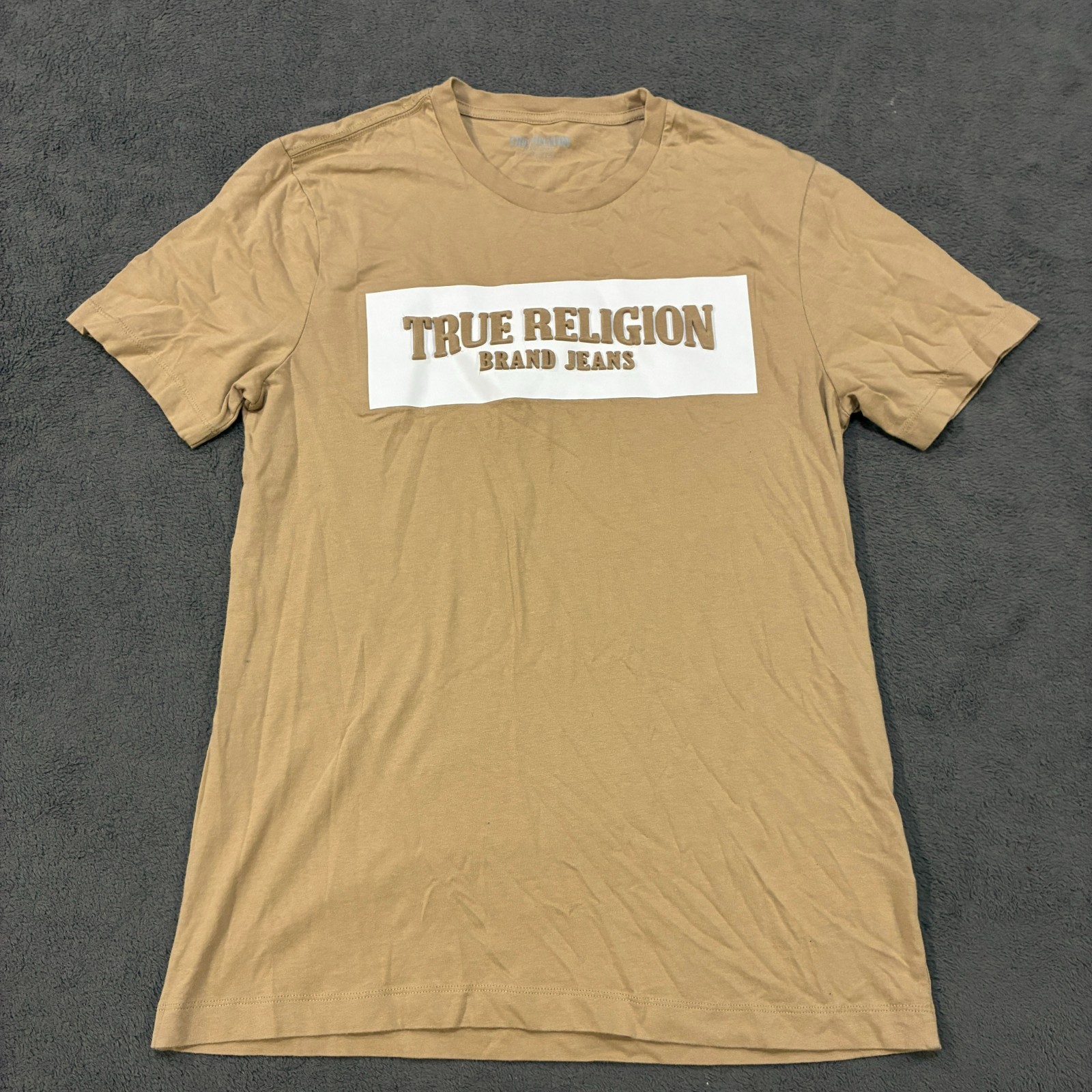 True Religion Beige Spell Out Logo Graphic Casual Streetwear T Shirt Mens Size S gallery