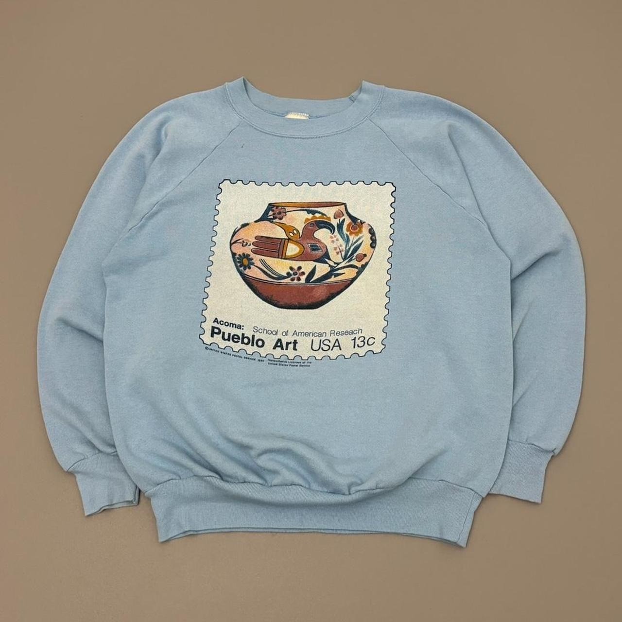 Vintage 90s Pueblo Art School Sweatshirt Blue Raglan Polycotton Painting Size L