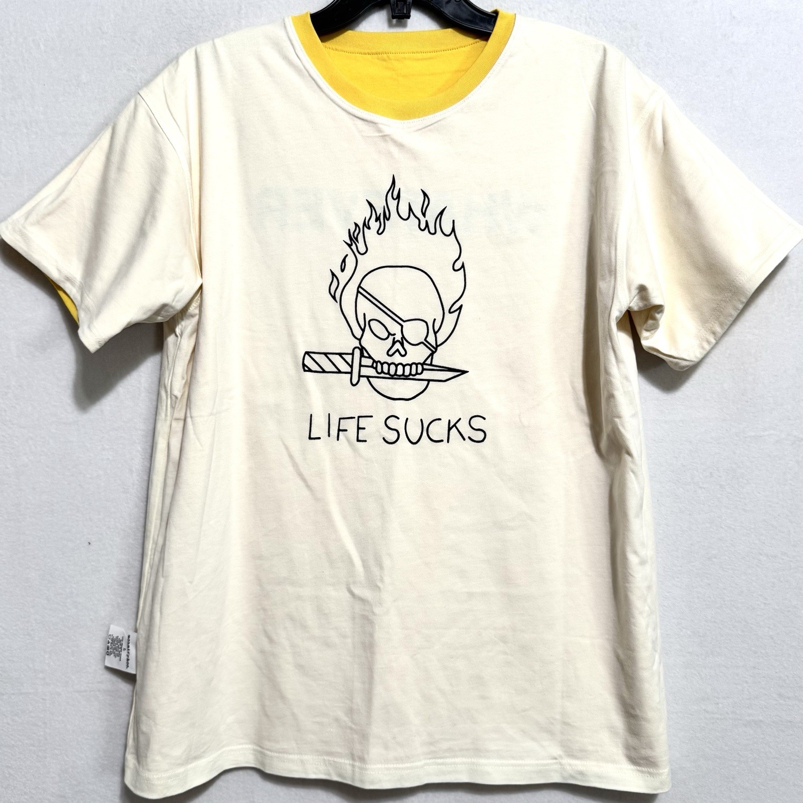 Reversible Graphic T-Shirt | "Whatever" Yellow "Life Sucks" Skull Cream Large gallery
