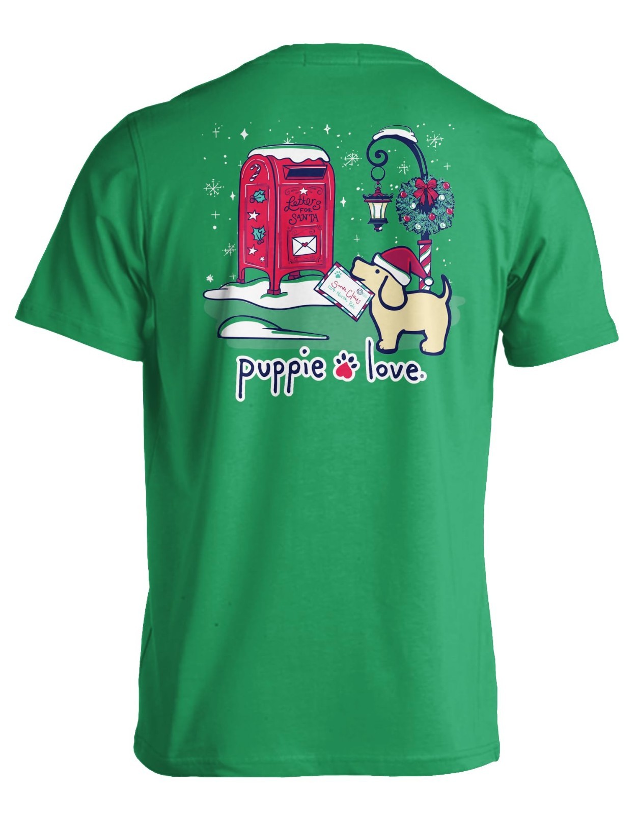 Puppie Love Christmas Holiday T-Shirt, Green with Santa Mailbox Design gallery