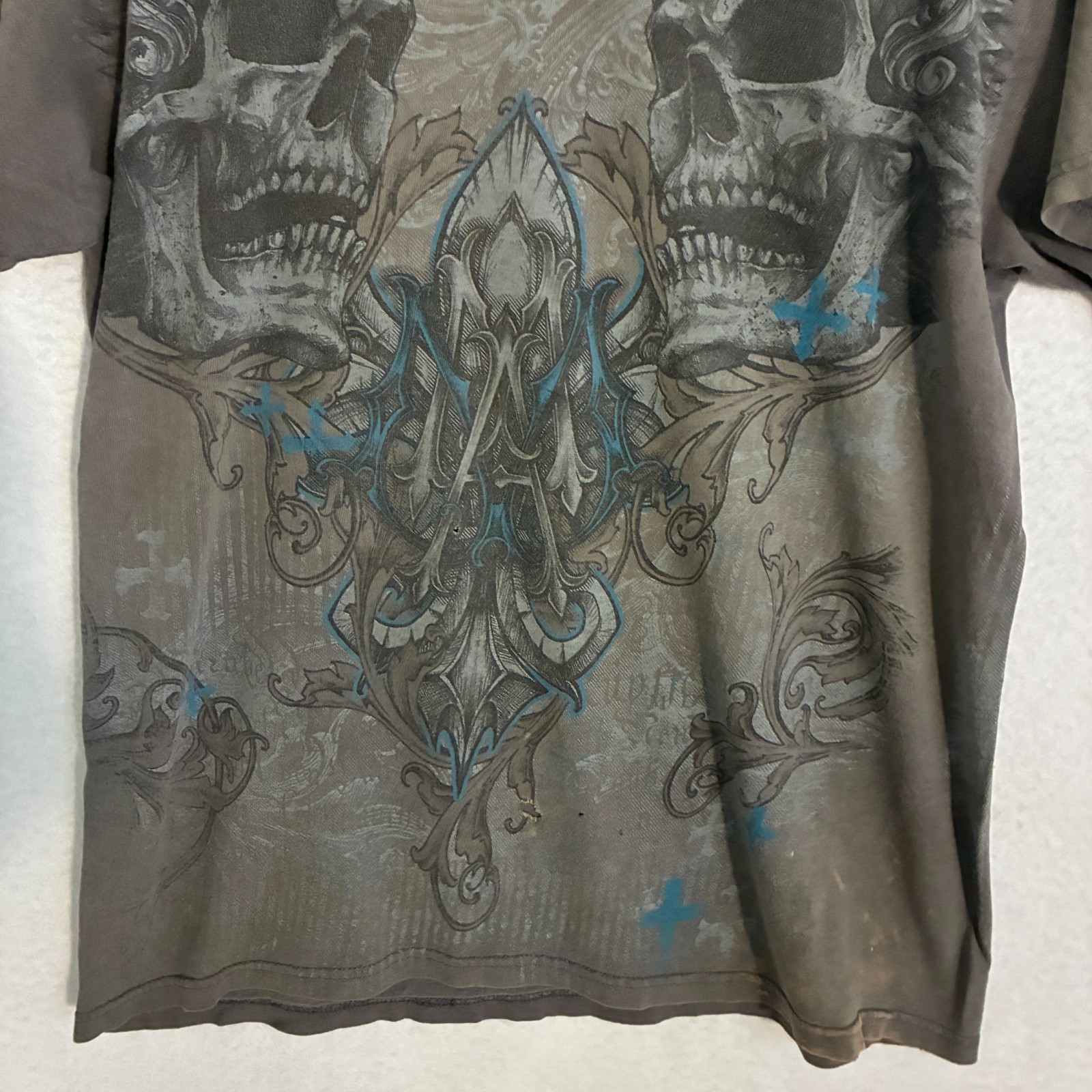 Vtg Y2K MMA Elite Shirt Mens L Grunge Skulls Cross Tattoo UFC Distressed Tee gallery