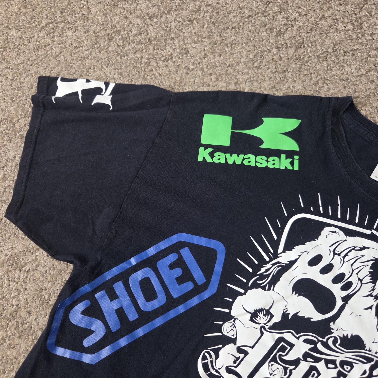 Y2K Motorcycle Racing Tshirt All Over Sponser Graphics Kawasaki Shoei Skully 2XL gallery