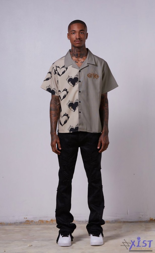 GFTD LA “HEARTS ON FIRE” CROP PREMIUM BUTTON UP SHIRT Beige Gifted LA