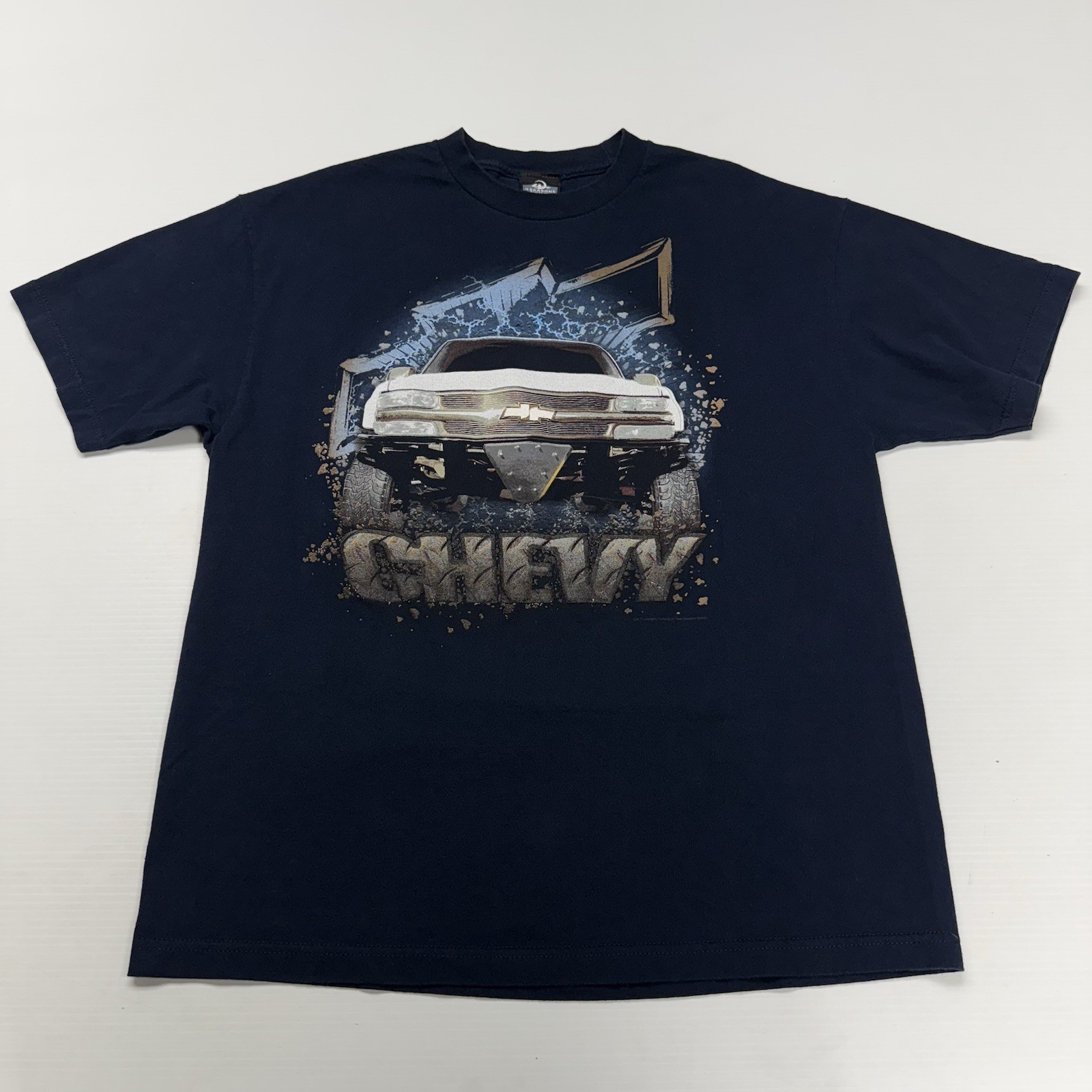 Vtg Chevy Truck Big Logo Mens Shirt XL Navy Spellout Offroading Retro Outdoor
