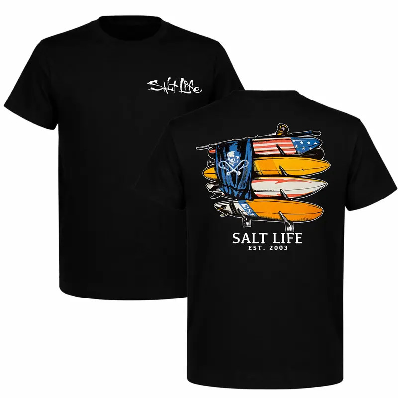Funny 2-Sided American Flag Skull Salt Life Surf Graphic Tee T-Shirt gallery