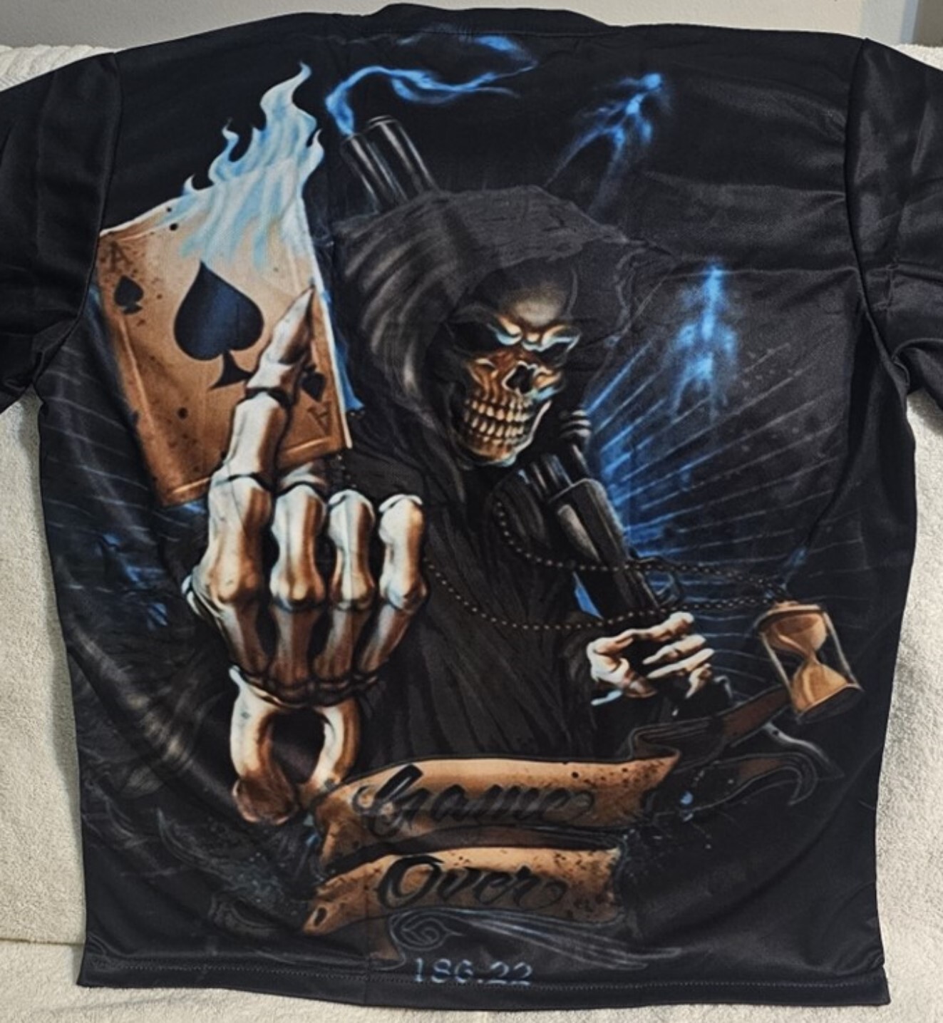 GRIM REAPER ACE SPADES CARD FLAME GUN GAME OVER SKULL HORROR SCARY T-SHIRT gallery