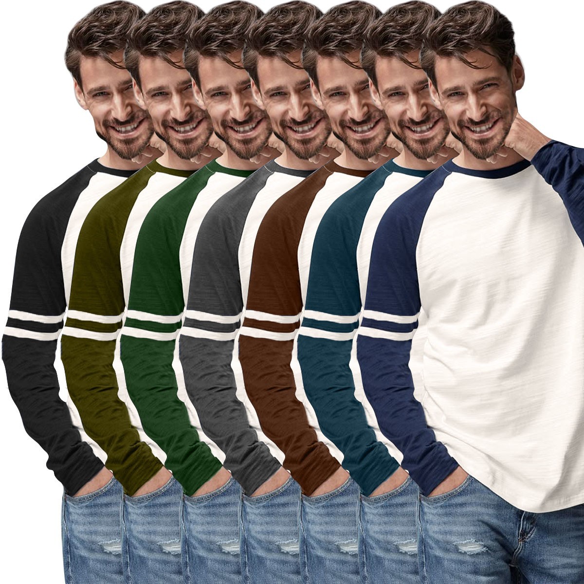 Mens Triblend Long Sleeve Baseball T-Shirt Casual Raglan Plain Contrast L/S Top gallery