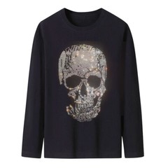 Fashion Skull Rhinestones Diamond Long Sleeve Luxury Men Trend Black T-Shirt