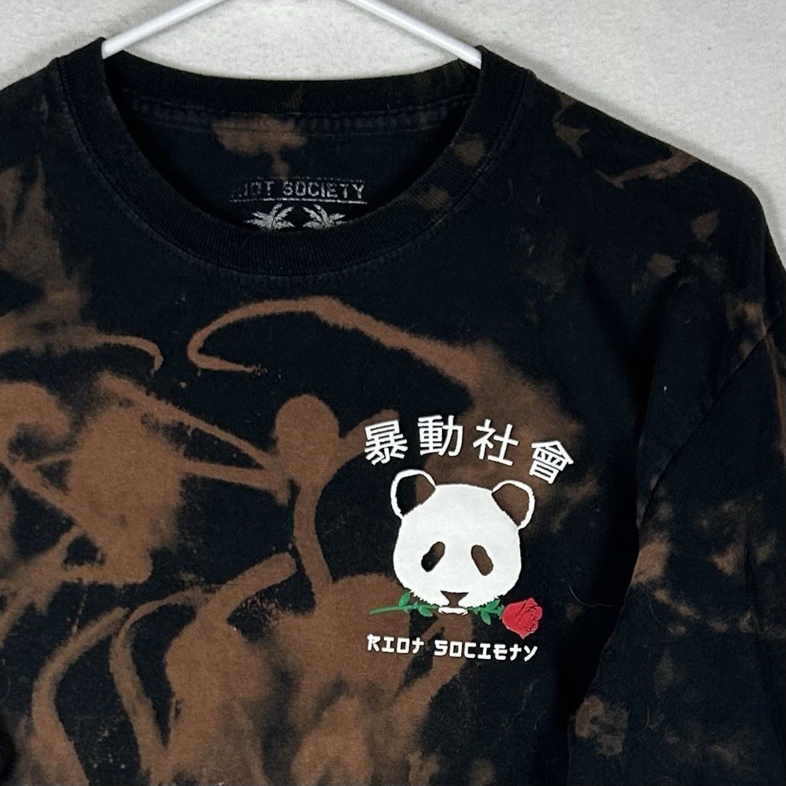 Riot Society Long Sleeve T-Shirt Men's Medium Panda Rose Tye Dye Black Brown Tee gallery