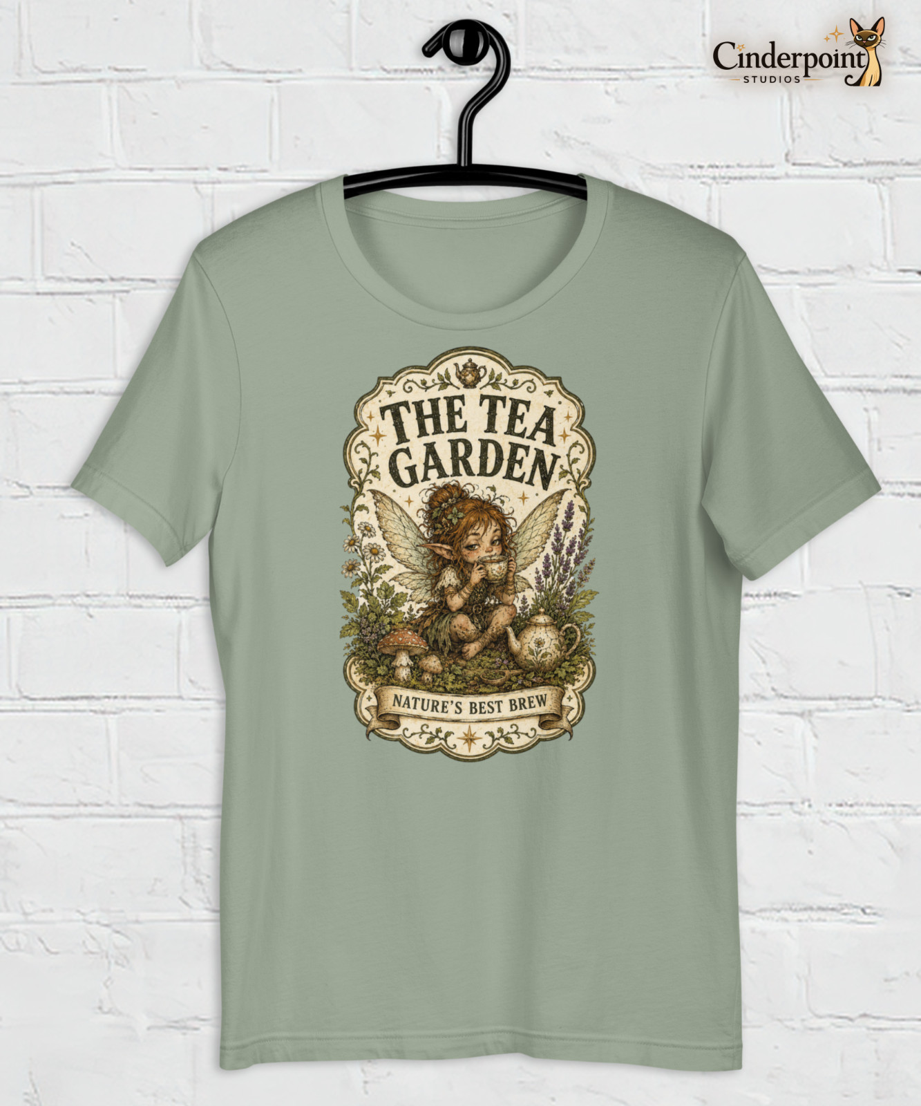 The Tea Garden Fairy T-Shirt Goblincore Fantasy Nature Fae Folk Tee Sage XS-2X gallery