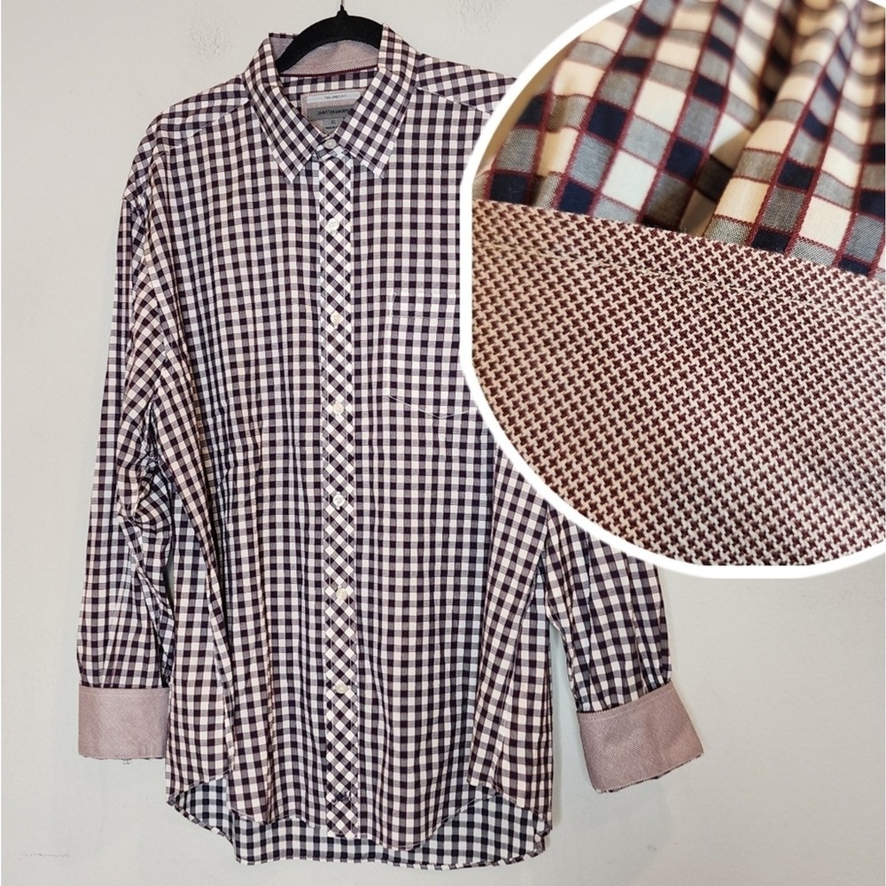 Johnston & Murphy XL Flip Cuff Long Sleeve Button Up Shirt Red White Blue Plaid