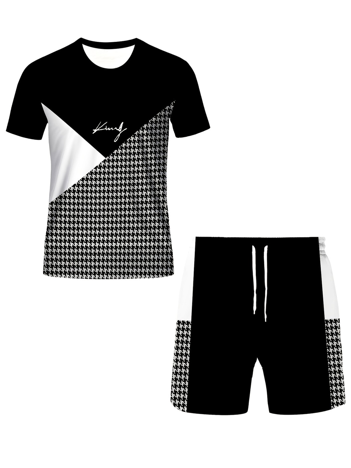 2pcs Plus Size Men's 'King' Letter Print Plaid Short Sleeve T-Shirt And Drawstri gallery