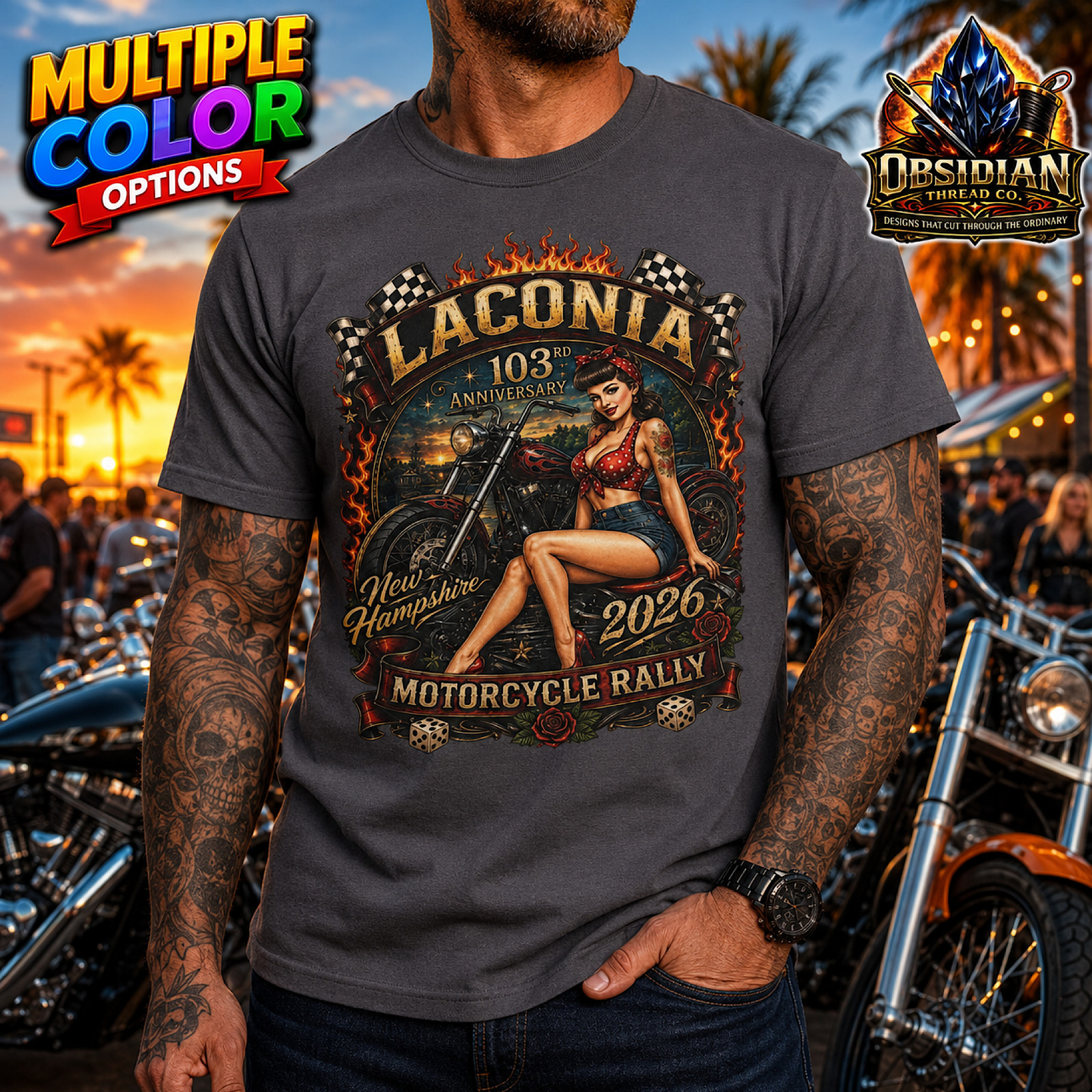 Laconia Bike Week 2026 NH Weirs Motorcycle Rally New Hampshire Pinup T-Shirt gallery