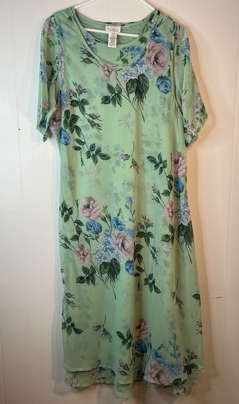 Roamans Womens Plus Size A6 Green Floral Double Lay Over Sheer Maxi Dress