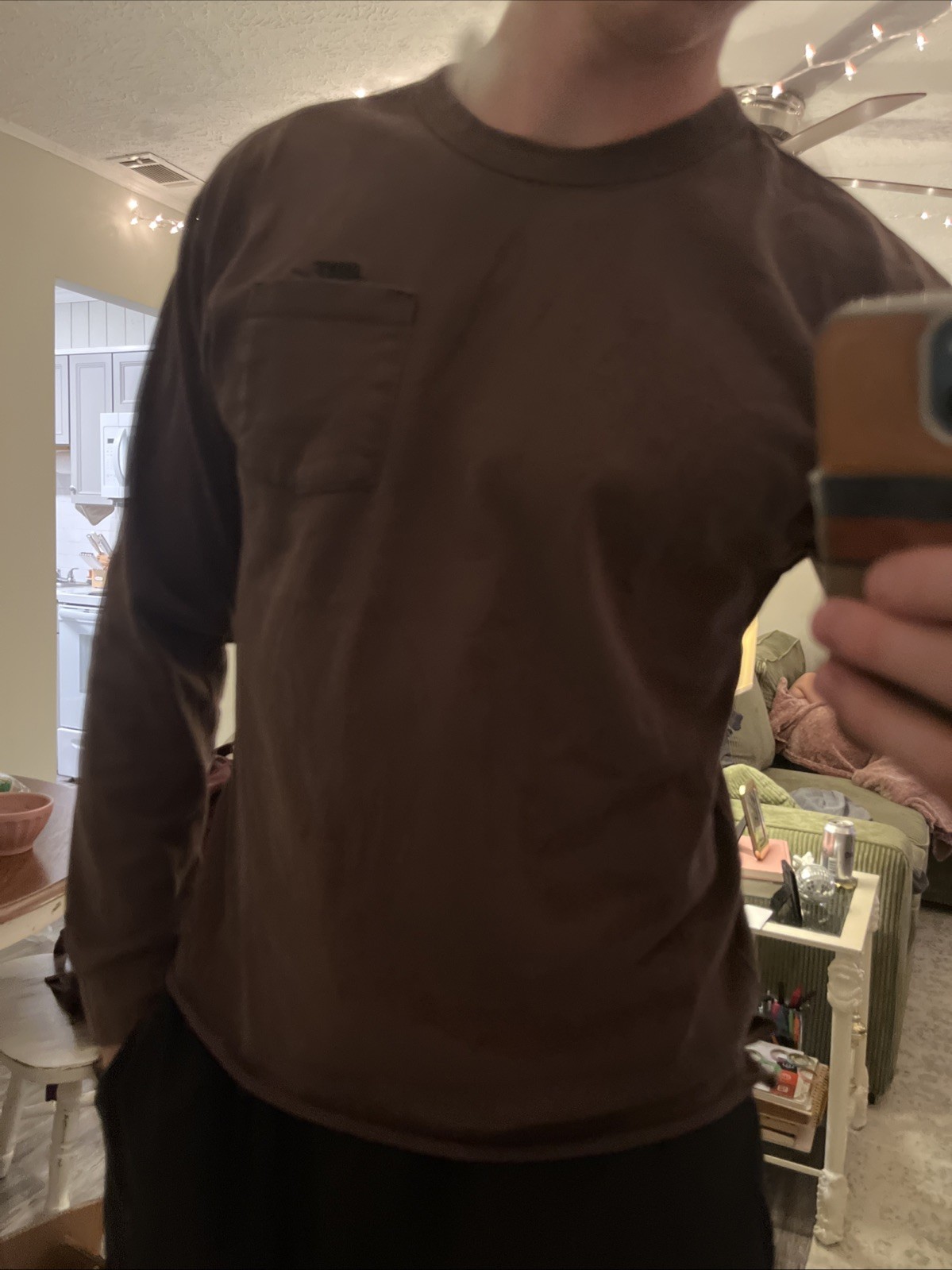 Nike Long Sleeve Small Brown T-Shirt Cropped Hemmed Stitched Pocket Logo gallery
