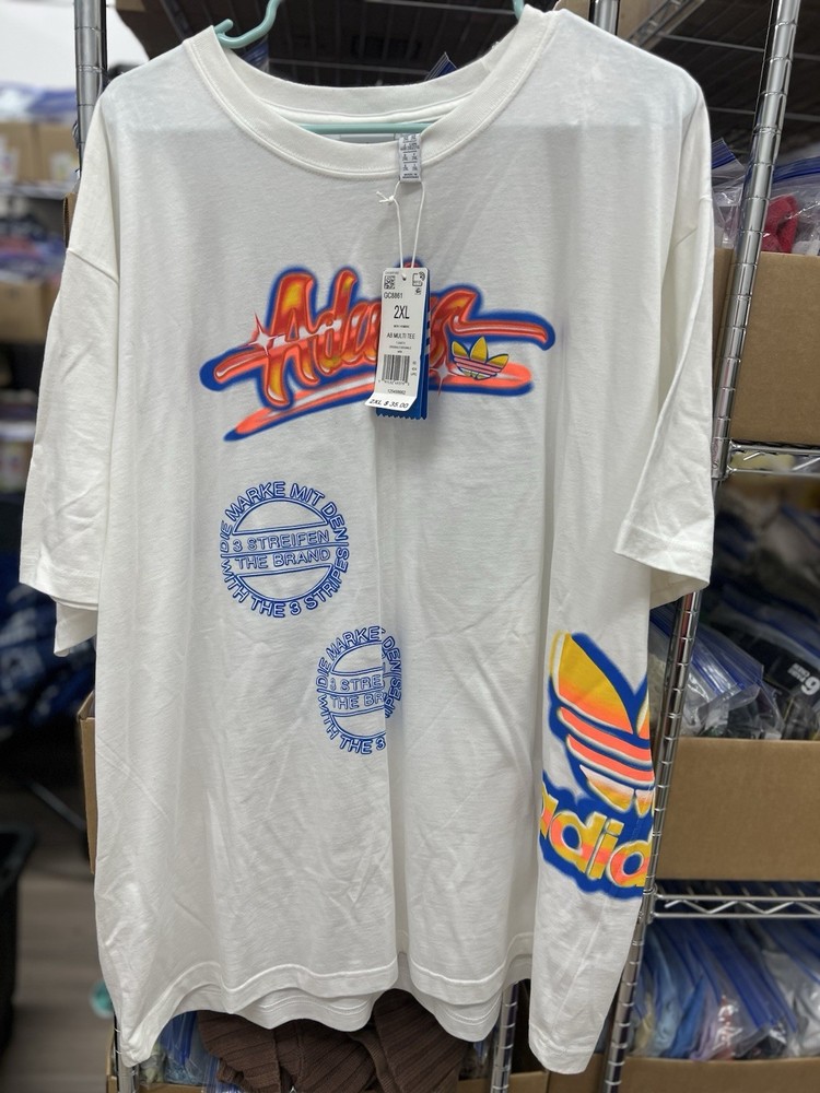 Authentic Adidas White T Shirt Airbrush Logo – Mens Size XXL Yellow Orange Blue