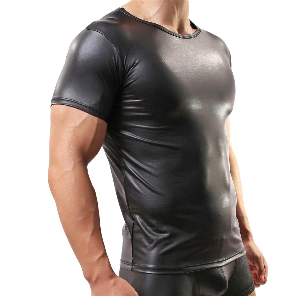 Glossy Pvc Leather Mens Short Sleeve Tops Fitness Club T-shirt New Tops Clothing gallery