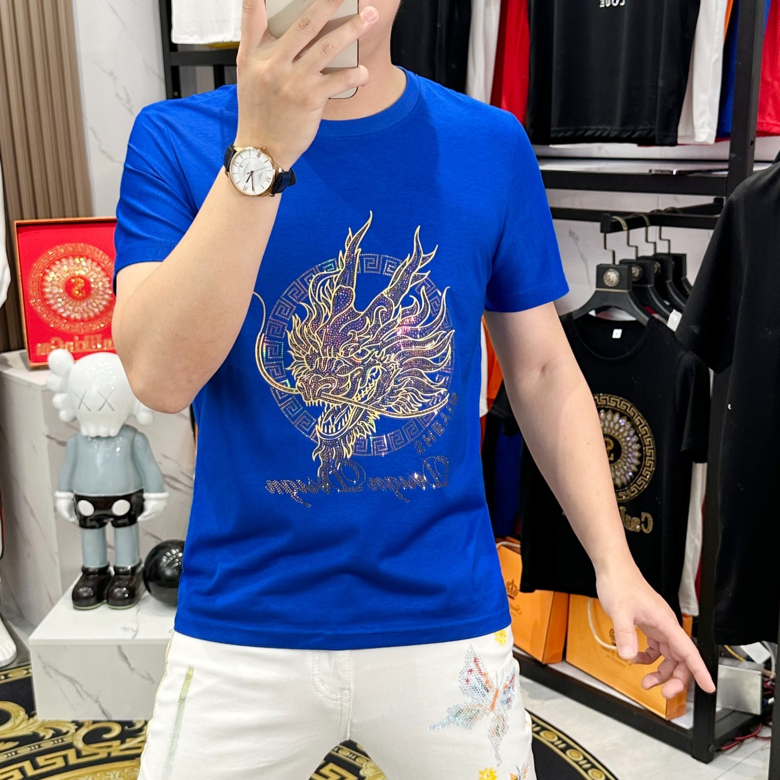 New Men Fashion Trend Dragon Diamond Rhinestone Streetwear Summer Luxury T-Shirt gallery