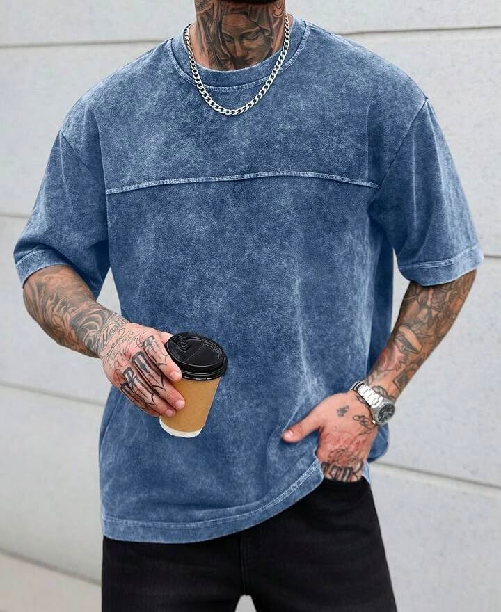 Men’s Acid Wash Blue T-Shirt Oversized Crew Neck Casual Streetwear Tee gallery