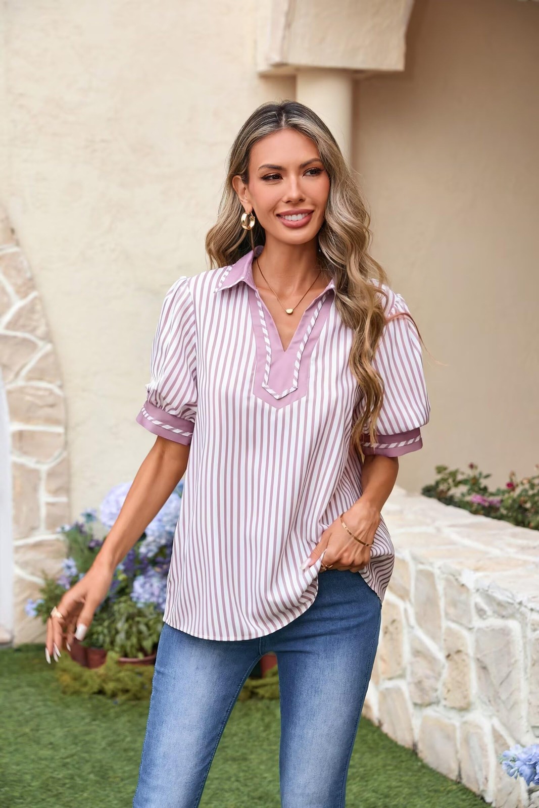 Womens Summer Lapel Collar V Neck Short Puff Sleeve Office Blouses Striped Co... gallery