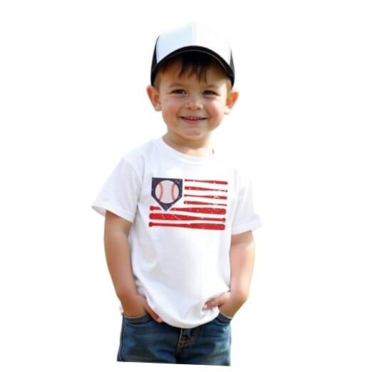 Toddler Boy Baseball Shirt Baseball Bat Flag Print T-Shirt 5-6 Years White